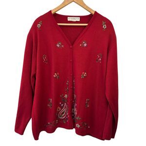 Dress Barn Woman Red Embroidered Paisley V-Neck Cardigan Size 2X Shoulder Pads